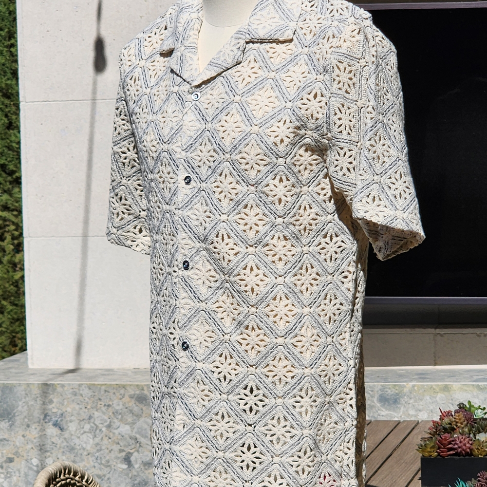 Stacy Adams Men's Gray Geometric Floral Lattice Crochet Woven Shirt Size XL - Picture 2 of 10